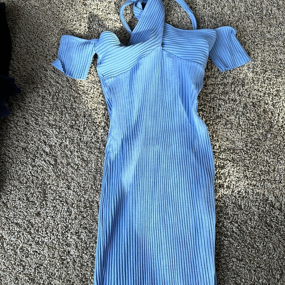 Zara like new small halter blue mini dress with sleeve - Picture 2 of 3